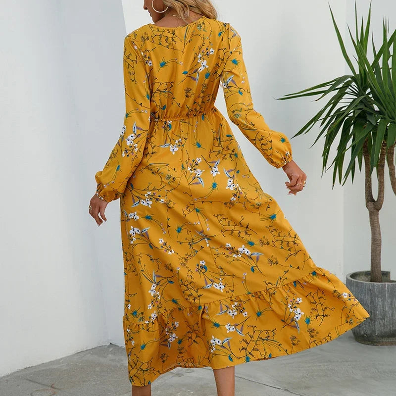 Floral Print Round Neck Long Sleeved Dress For Women Spring Autumn Fashionable Bohemian Big Swing Dress