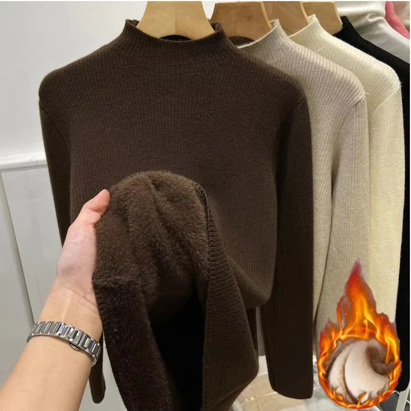 Turtleneck Winter Sweater Women Elegant Thick Velvet Lined Warm Knitted Pullover Slim Tops Jersey Knitwear