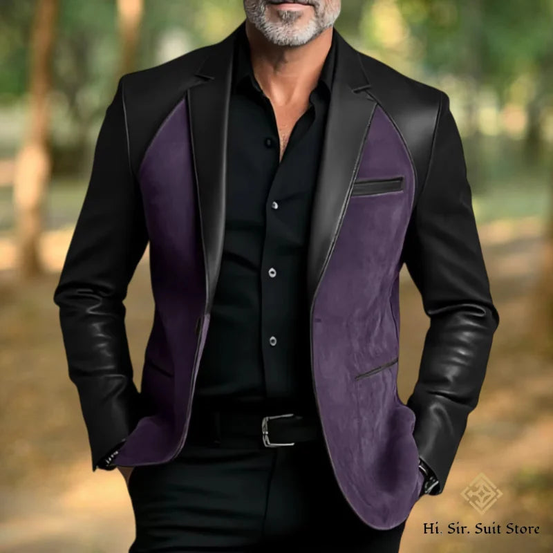 Classic Men's Suit Coat PU Splicing Notched Lapel Tuxedos Peaked Breasted Groom Wear Blazer Designer