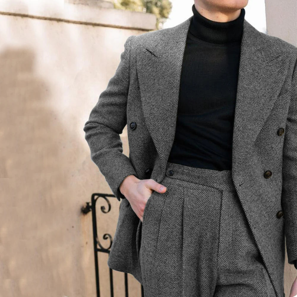 Men's Wedding Suit Herringbone Double Breasted Formal Men's Lapel Men's Suit 2 Piece Men's Full Suit Elegant Slim Fit