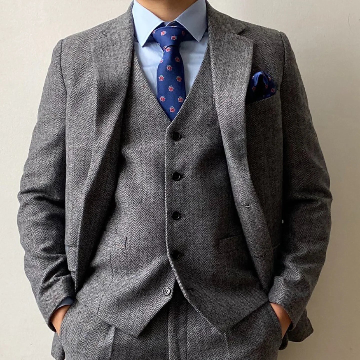 Plus-Size Men's New Suit Set with Herringbone Pattern, High-End, Mature Style, Business Commuting, Versatile, Slimming, Casual Suit Three-Piece Set