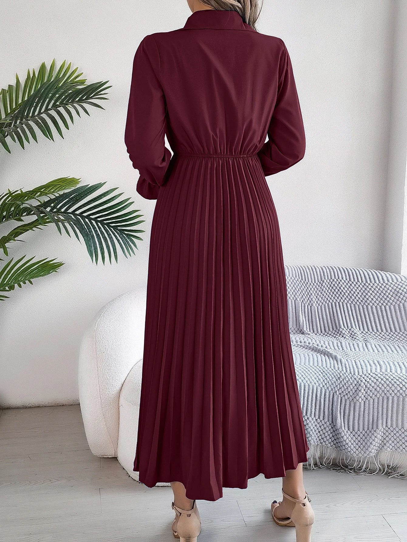 Long Dress for Women Casual Solid Color Polo Neck Button Flare Long Sleeve pleated Dress