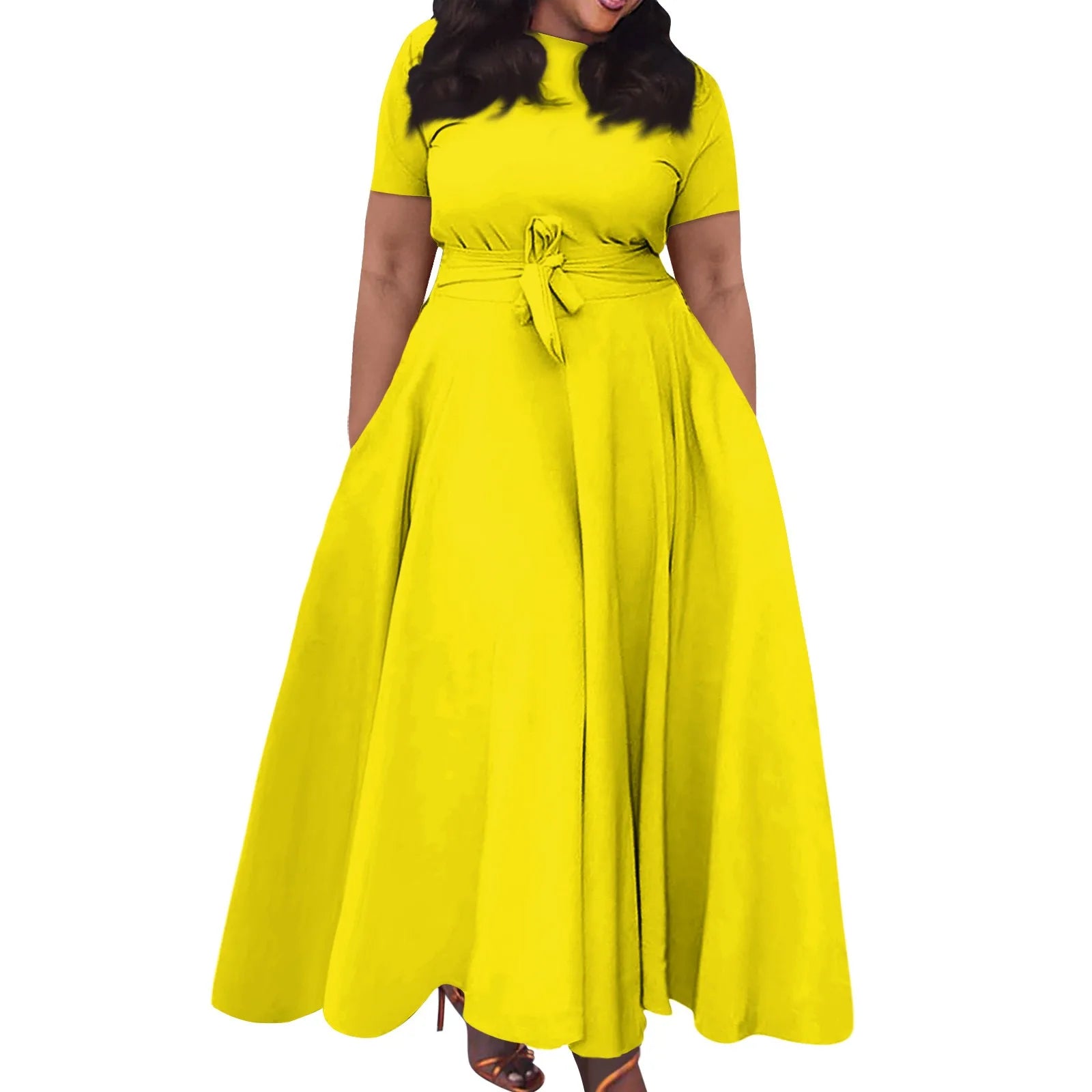 dress for women Casual Fashion Large Size long dresses Solid Color Round Neck dress Short Sleeve Pocket Straps Swing