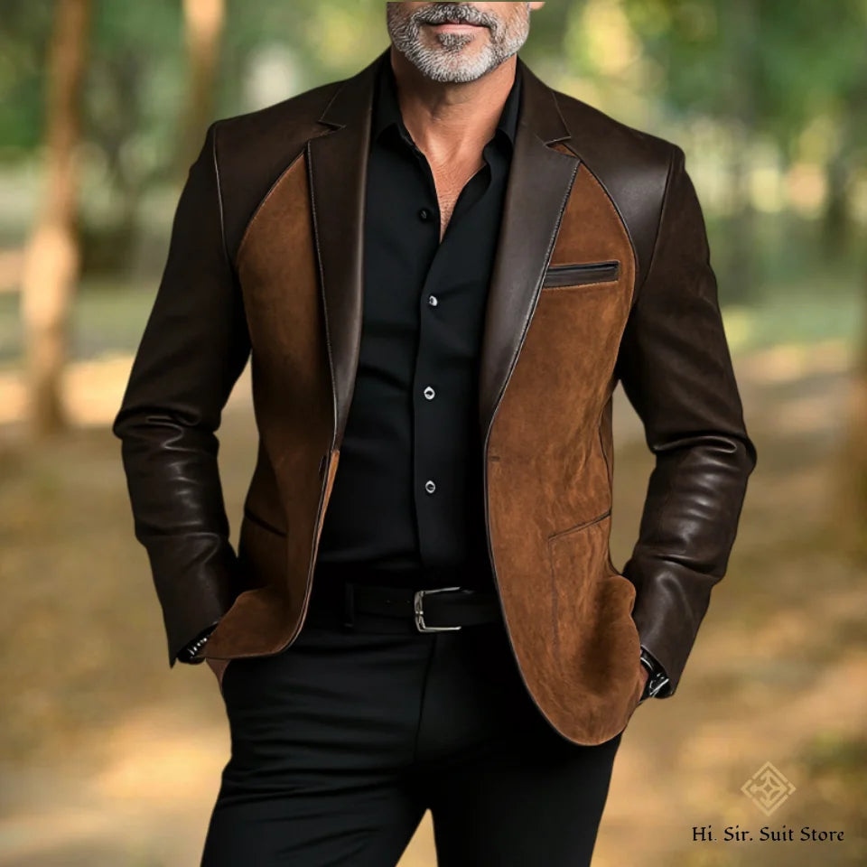 Classic Men's Suit Coat PU Splicing Notched Lapel Tuxedos Peaked Breasted Groom Wear Blazer Designer