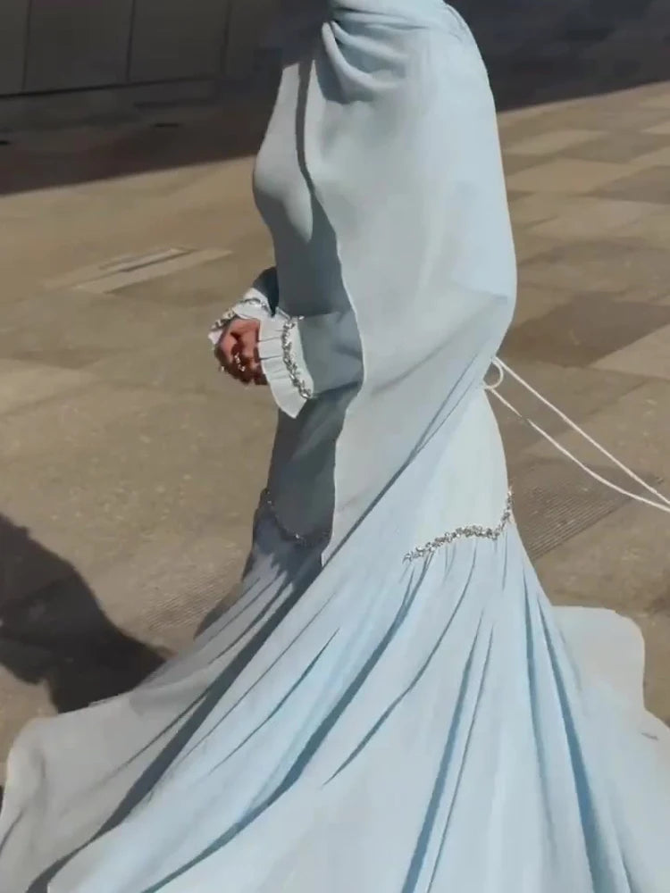 Temperament Lady Long Sleeve Dresses Casual Solid Flowing Chiffon Maxi Dresses Elegant Ribbon Slim Evening Dress