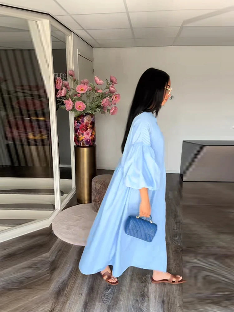 Casual Long Dress Women Solid Loose Neck Full Lantern Sleeve High Waist Robe Spring Fashion Dresses Lady