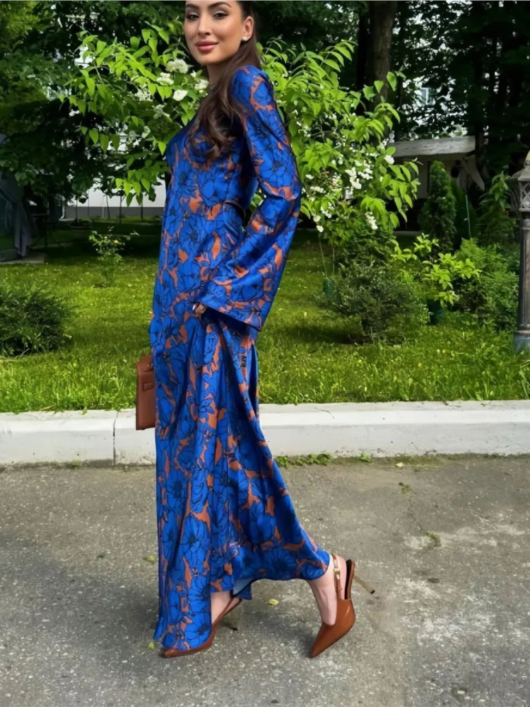 Fashionable Vintage Print Long Sleeve Round Neck Dress Women Elegant Atmosphere Long Dresses Casual