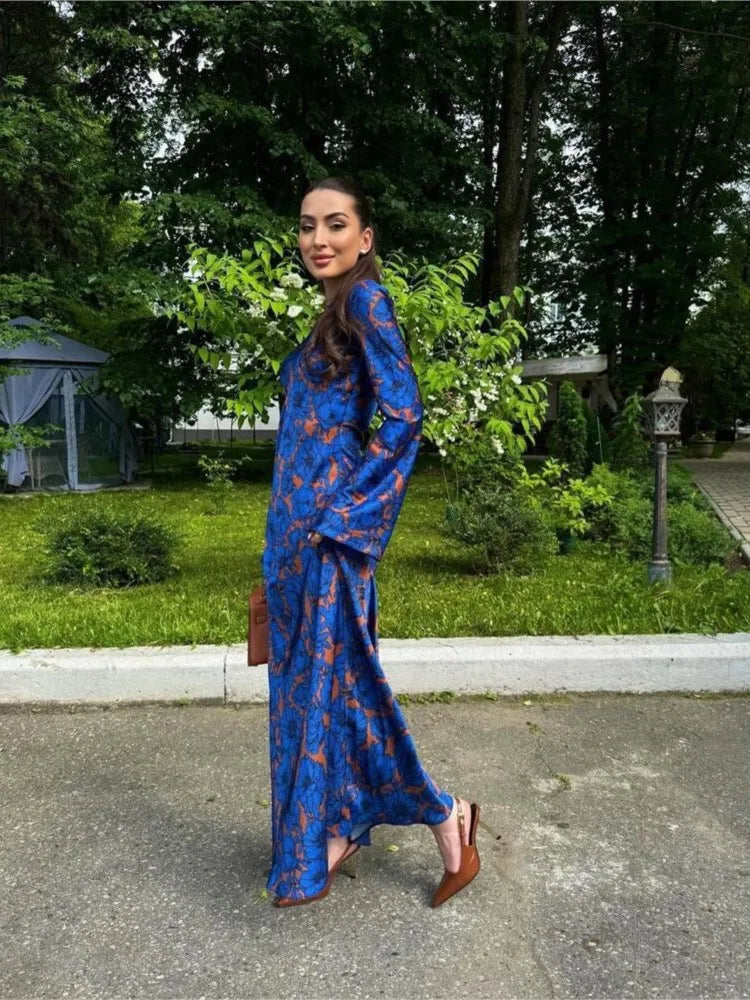 Fashionable Vintage Print Long Sleeve Round Neck Dress Women Elegant Atmosphere Long Dresses Casual