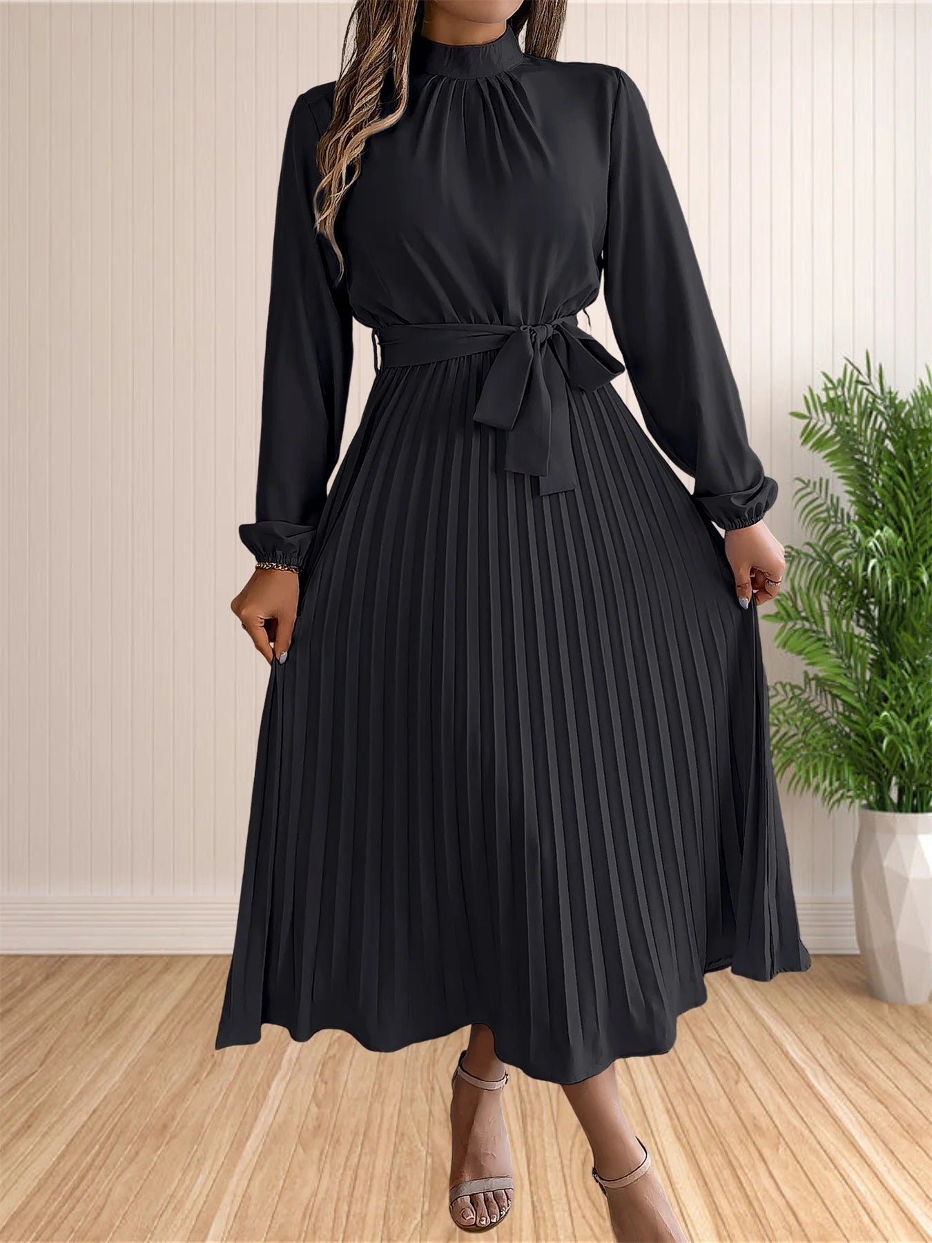 Women's Long Dresses Summer Elegant Pleated Long Sleeveed Lace Up Dresses Boho Wrap Ruffle Hem Swing Sundress