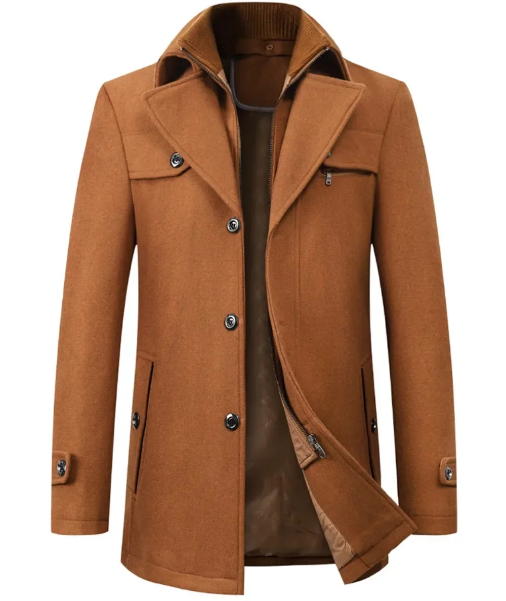 Men's Pea Coat Autumn and Winter Woolen Double Collar Overcoat Menswear Trench Coat